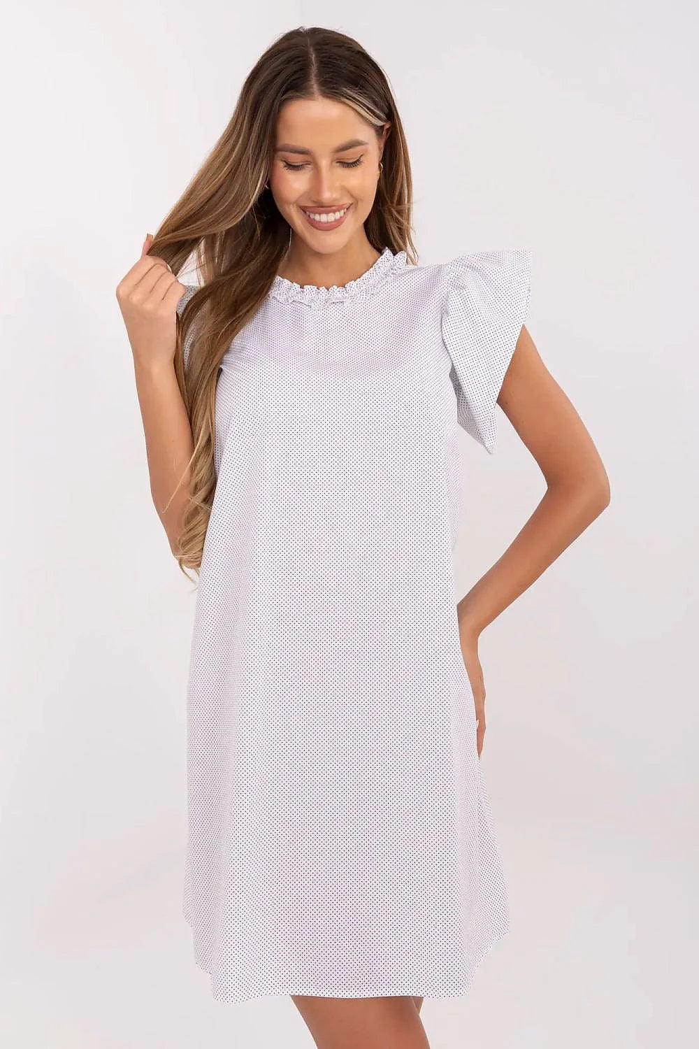 Robe de jour féminine en coton léger style évasé manches courtes volants motifs petits pois blanc noir taille ajustable femme
