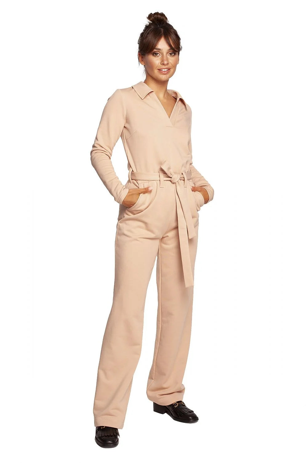Combinaison Be Wear pour femme, violet intense, combi-pantalon ajusté, col classique, manches longues, ceinture intégrée, poches latérales, tissu doux, 90% coton, 10% polyester