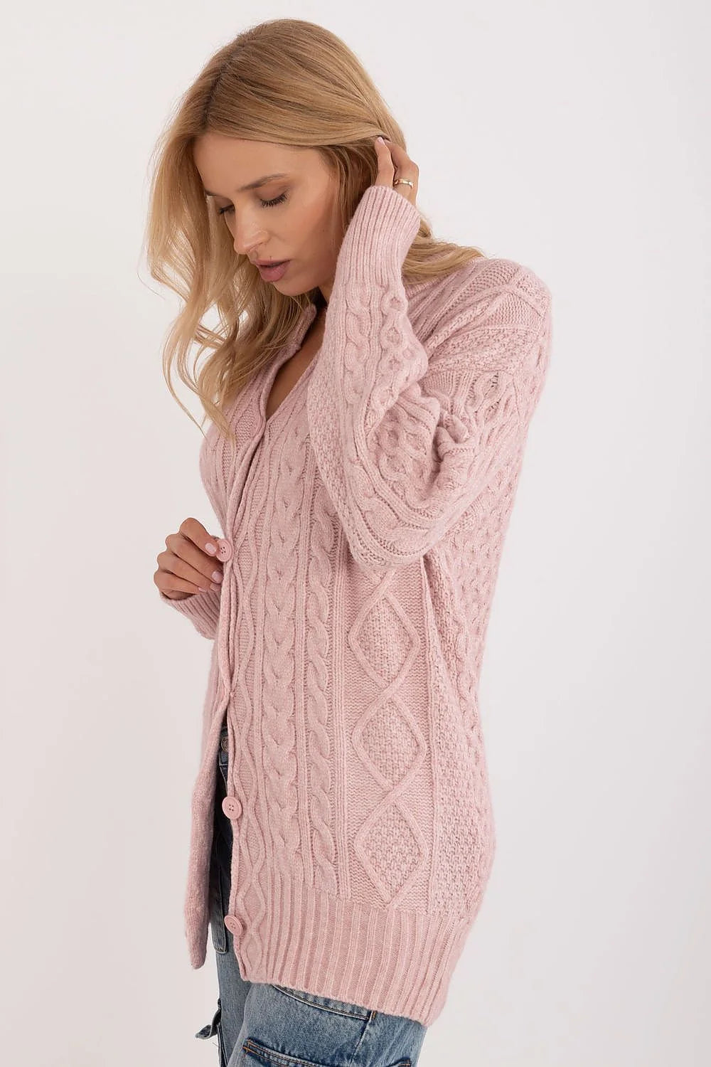 cardigan femme rose poudré maille côtelée torsadée épaisse oversize col rond boutons assortis manches longues poignets côtelés douillet