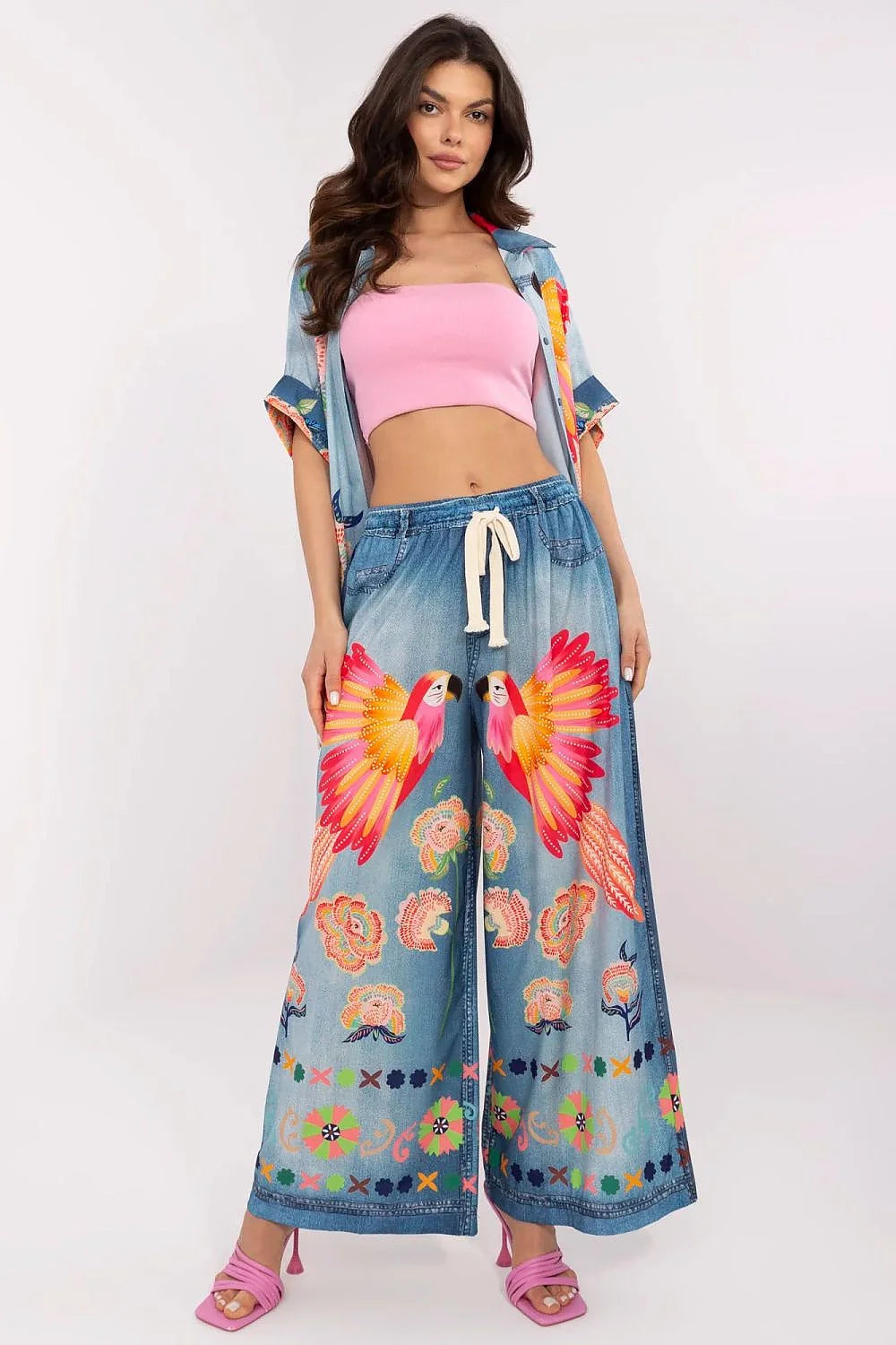 Ensemble femme 3 pièces pantalon ample haut bandeau chemise ouverte motifs colorés parrots floral denim coton elasthanne