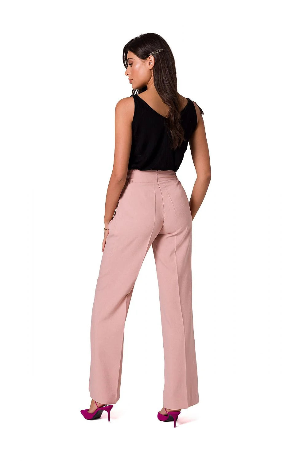 Pantalon long Be Wear en tissu léger, blanc, taille haute, coupe ample, boutons dorés, pour femmes élégantes