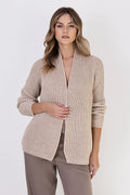 cardigan femme moderne classique ouvert épaules tombantes beige tricot maille épaisse col châle manches longues retroussables ample confort douillet