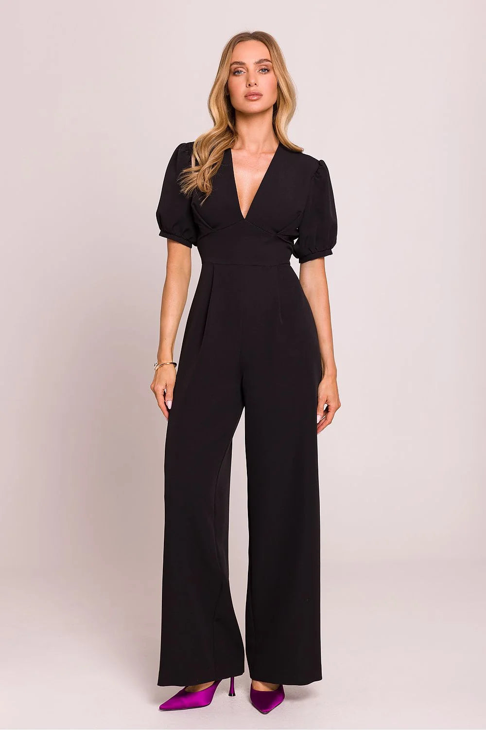 Combinaison élégante pour femme coupe féminine décolleté en V profond manches bouffantes courtes taille ajustable tissu de haute qualité noire