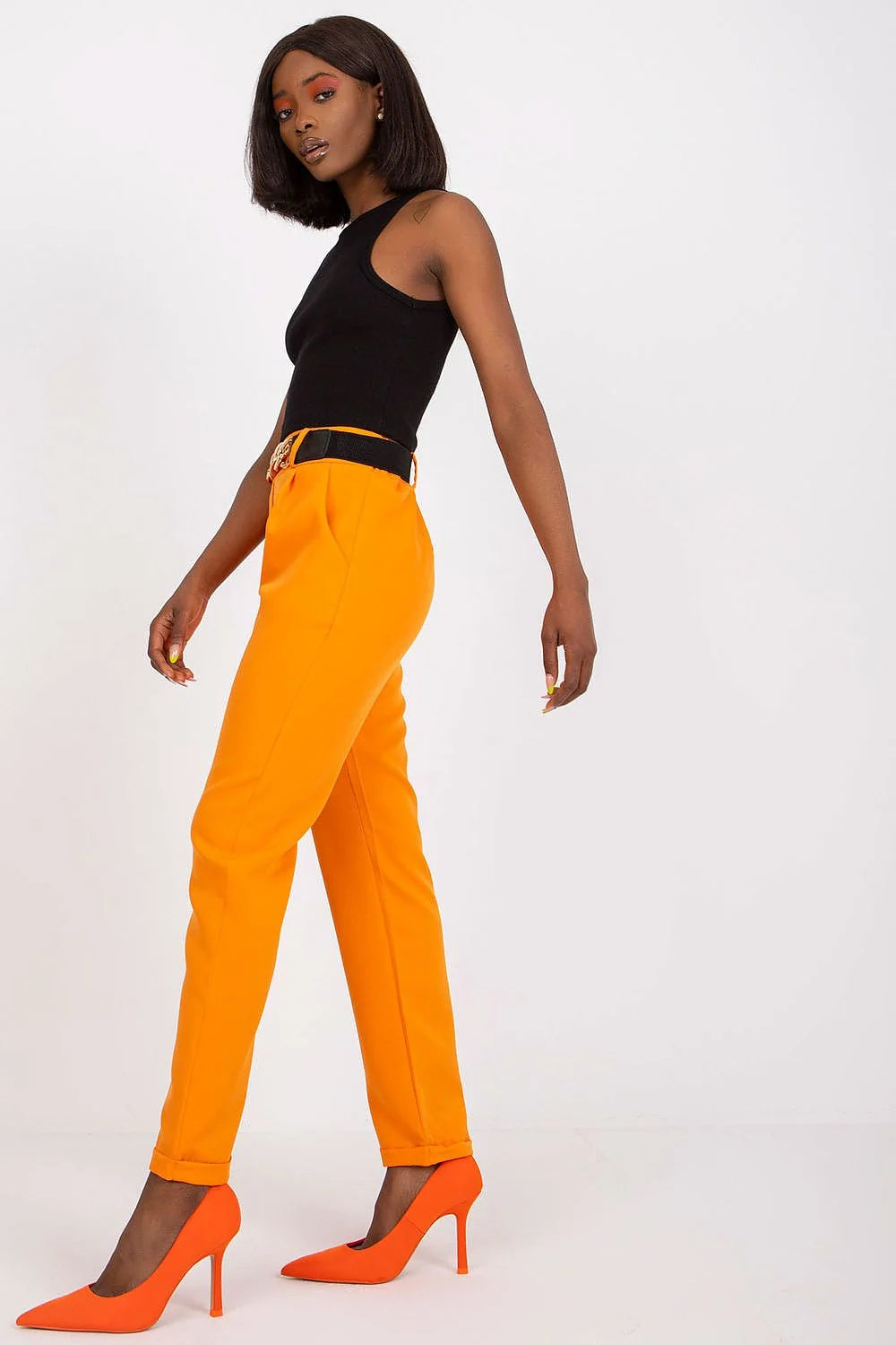 Pantalon femme haute taille élastique ceinture dorée orange vif polyester elasthanne mode moderne occasion semi-formelle