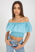 chemisier court bohème coton doux élasthanne léger bardot épaules dénudées volant large smocké extensible corsage fluide bleu ciel coupe courte