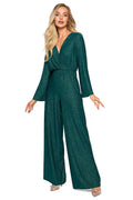 Combinaison élégante pour femme style sophistiqué vert pailleté manches longues évasées ceinture intégrée sandales talons hauts