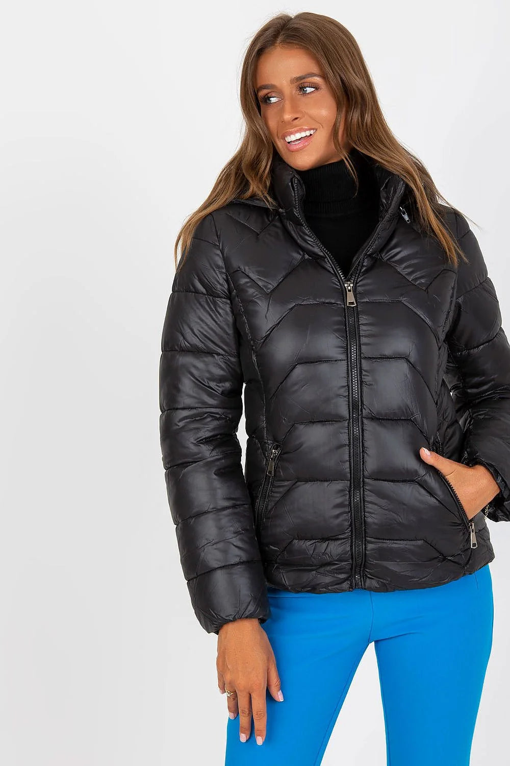 Veste NM doudoune femme noire matelassée chevron polyester manches longues capuche amovible poches zippées