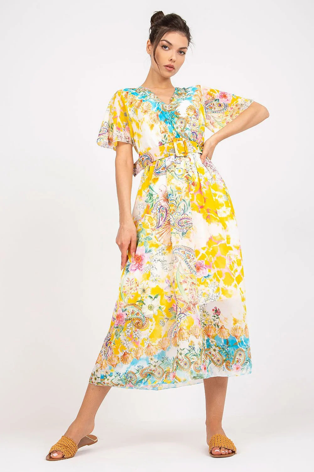 Robe estivale longue imprimé multicolore style décontracté viscose puffed sleeves ceinture large occasions diverses femmes