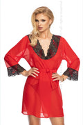 Robe de chambre élégante et sensuelle en mousseline dentelle noire rouge vif taille ajustable femme