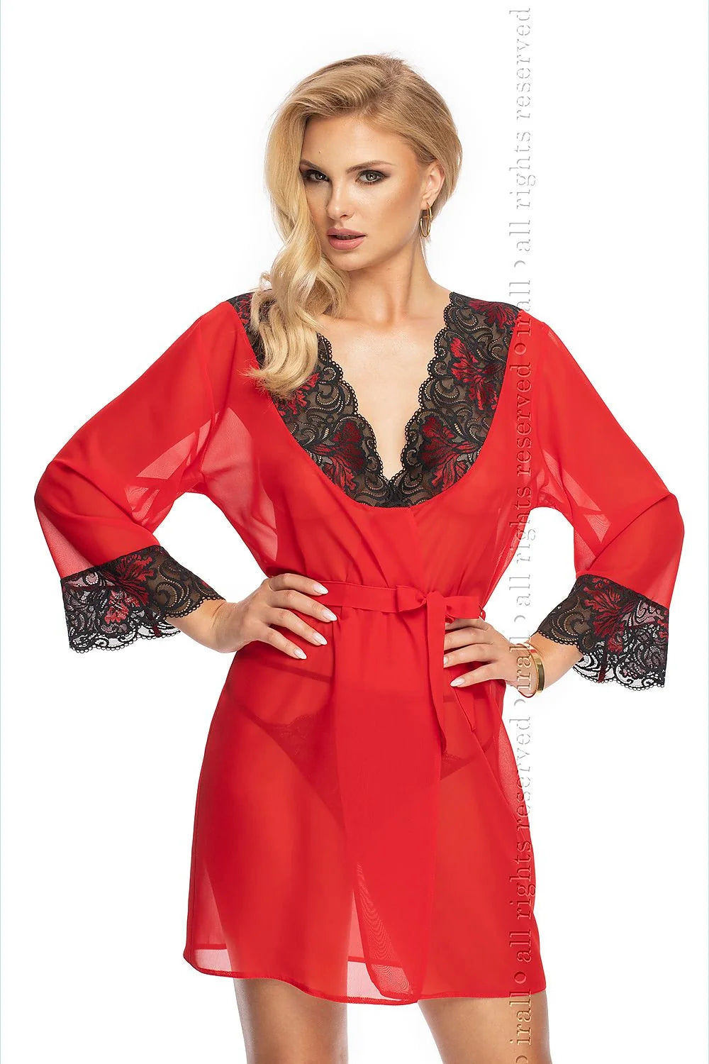 Robe de chambre élégante et sensuelle en mousseline dentelle noire rouge vif taille ajustable femme