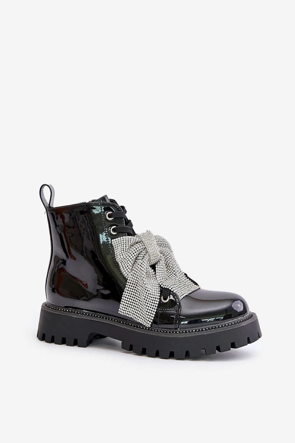 Bottines élégantes en cuir verni noir avec nœuds strass métalliques fermé zip pour femmes