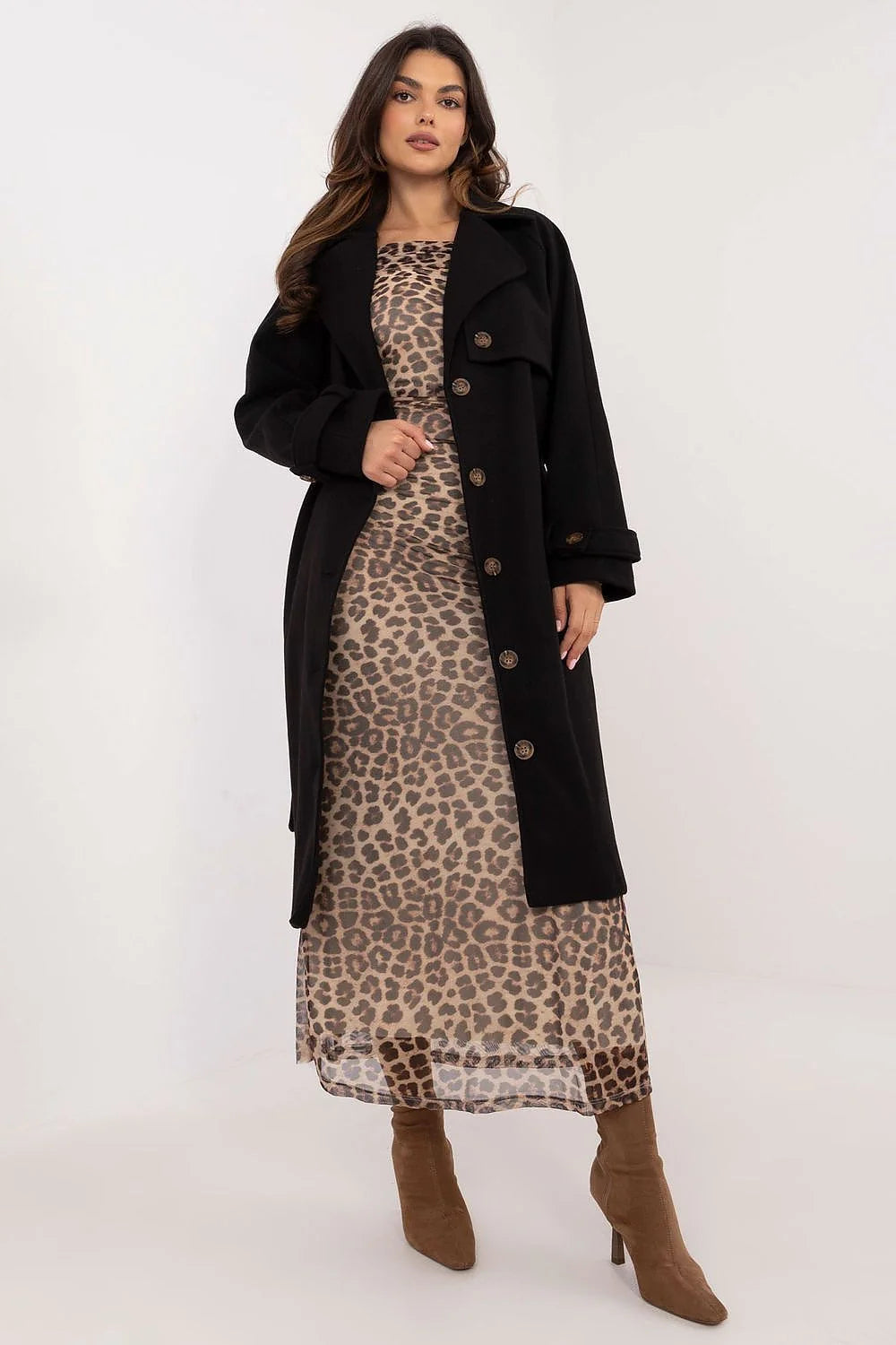 Manteau Och Bella en polyester intemporel élégant genoux longueur manches longues fermeture boutons poches latéales ceinture attachée femme
