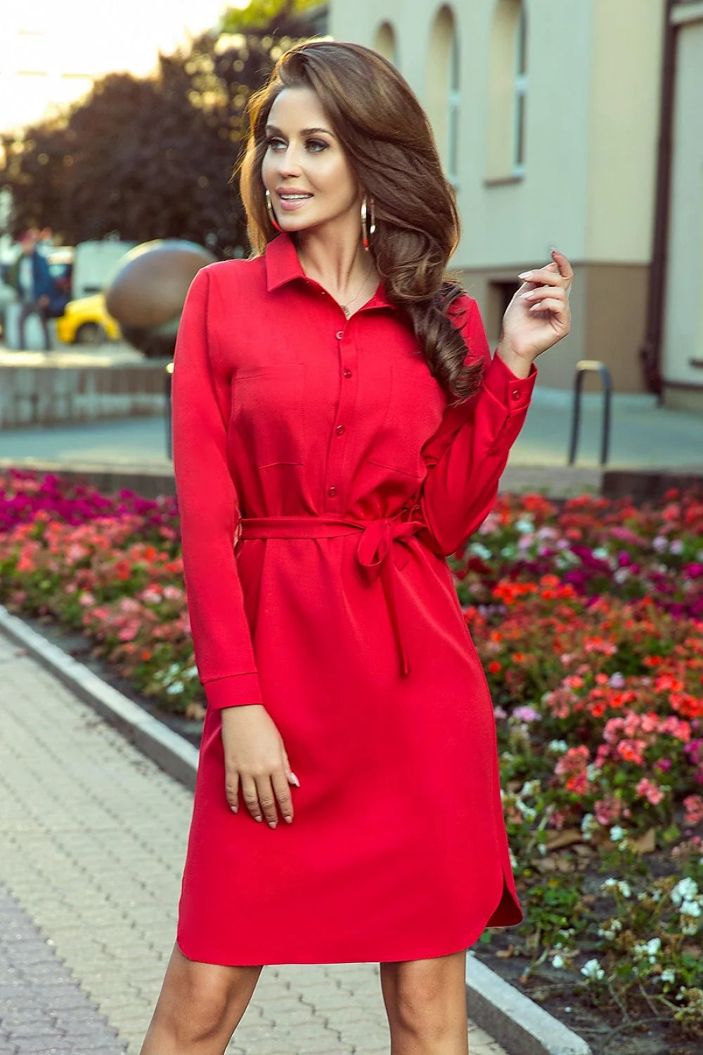 Robe chemisier rouge en coton style chic avec ceinture poches manches longues pour femmes élégantes