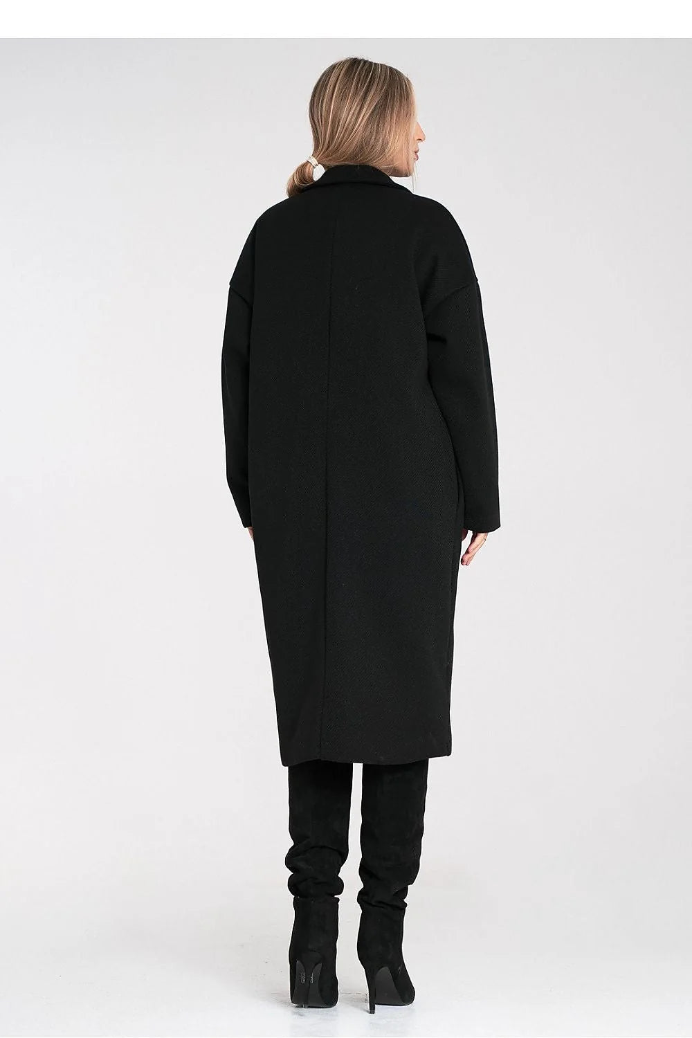 manteau long noir oversize femme coupe droite mi longue col tailleur manches tombantes fermeture deux boutons tissu épais