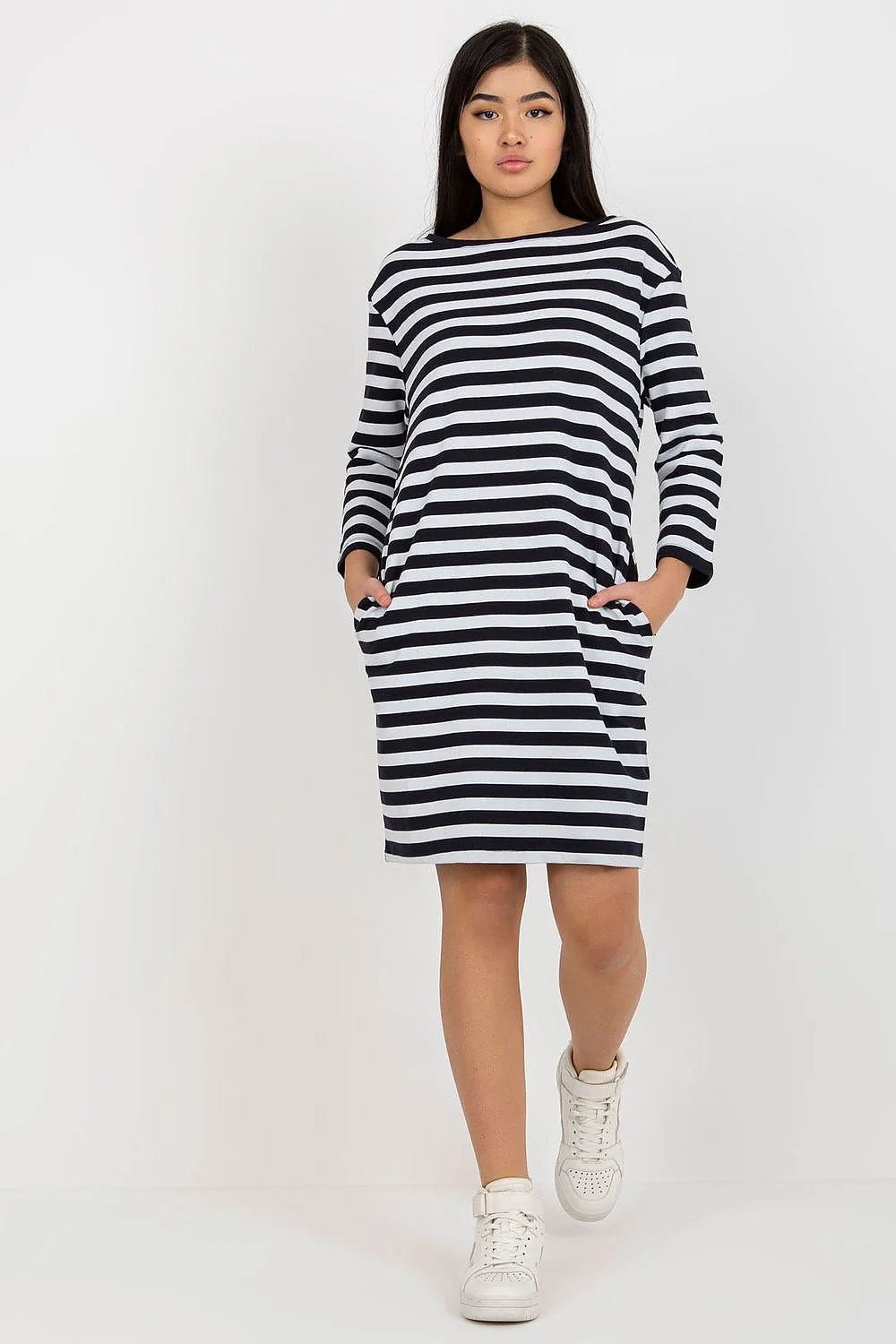 Robe de jour femme style décontracté rayures beige et blanc manches longues encolure ronde poches zippées coton 95 elasthanne 5