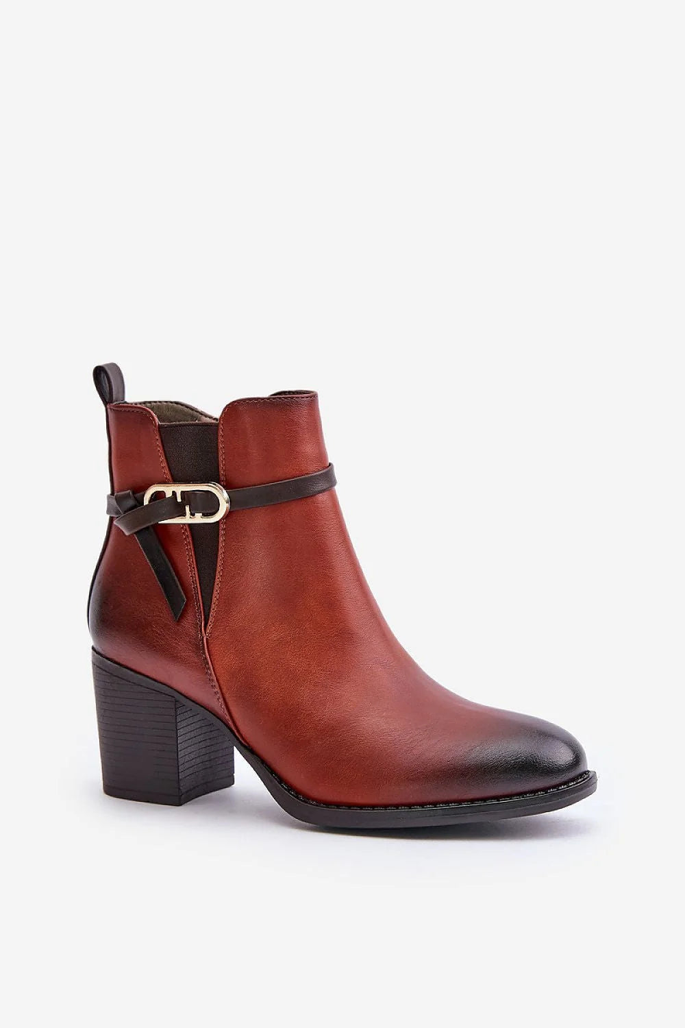 Bottines femmes design élégant moderne cuir marron rougeâtre talons carrés fermeture éclair détails métalliques