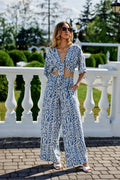 Ensemble femme été chic pantalon large taille haute haut V plongeant print imprimé bleu blanc matériau léger confortable