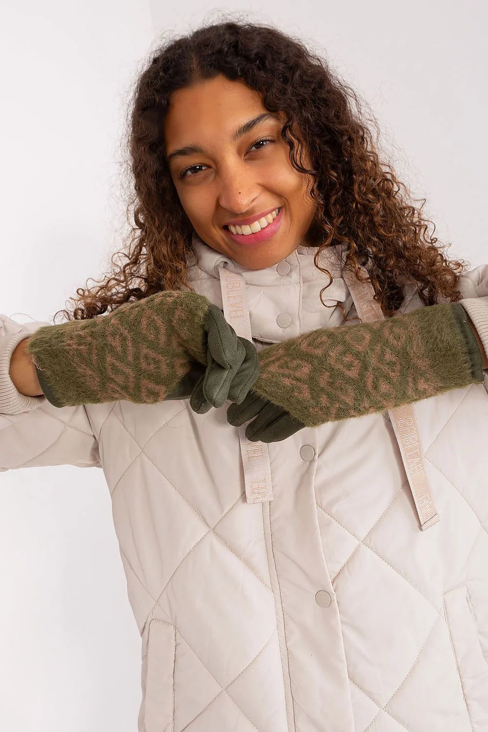 Gants pour femmes style damier vert olive et brun isolation détachable manches longues style classique moderne