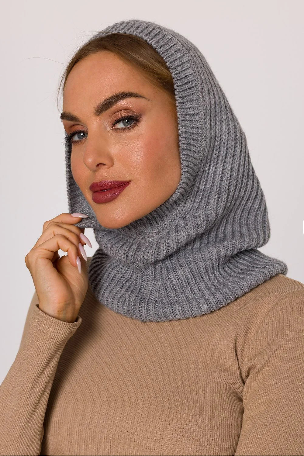 balaklava cagoule snood capuche maille côtelée gris chiné tubulaire chaud élégant tricot doux extensible ajusté couvrant nuque confort