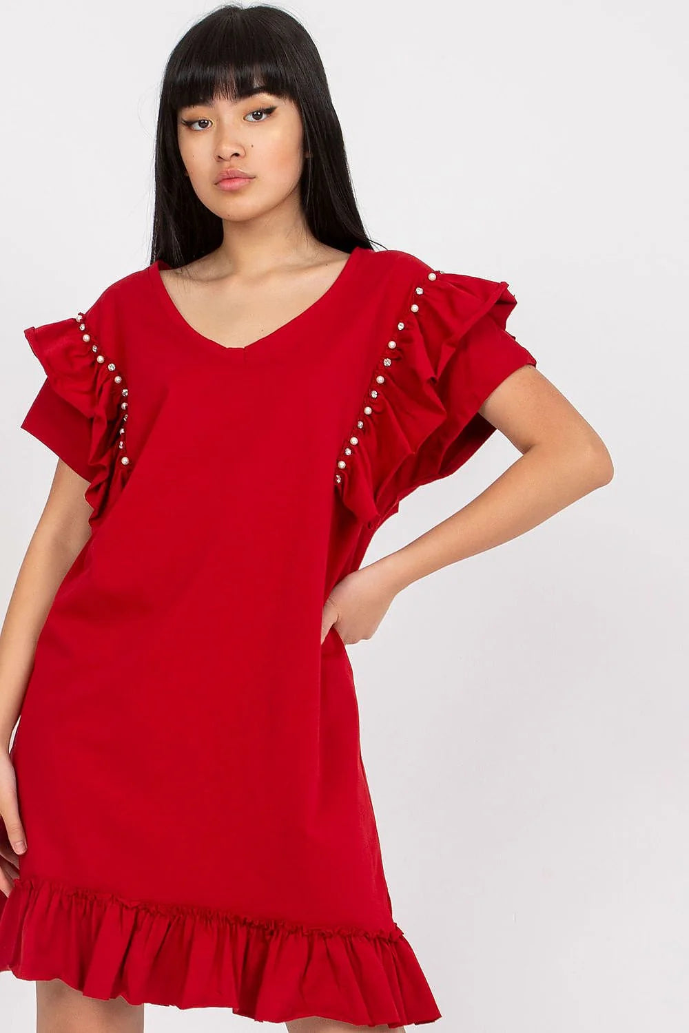 robe estivale corail légère fluide coton viscose col rond coupe droite manches courtes volants perles ourlet volanté féminine chic confortable
