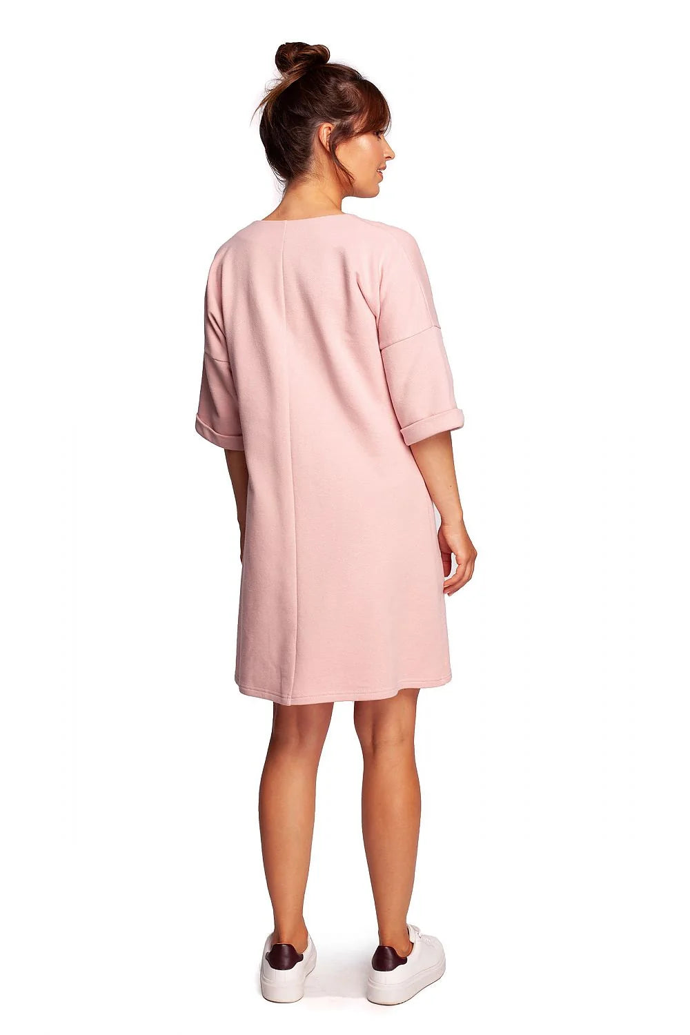 Robe de jour casual rose pastel femme en coton polyester manches courtes poches latérales