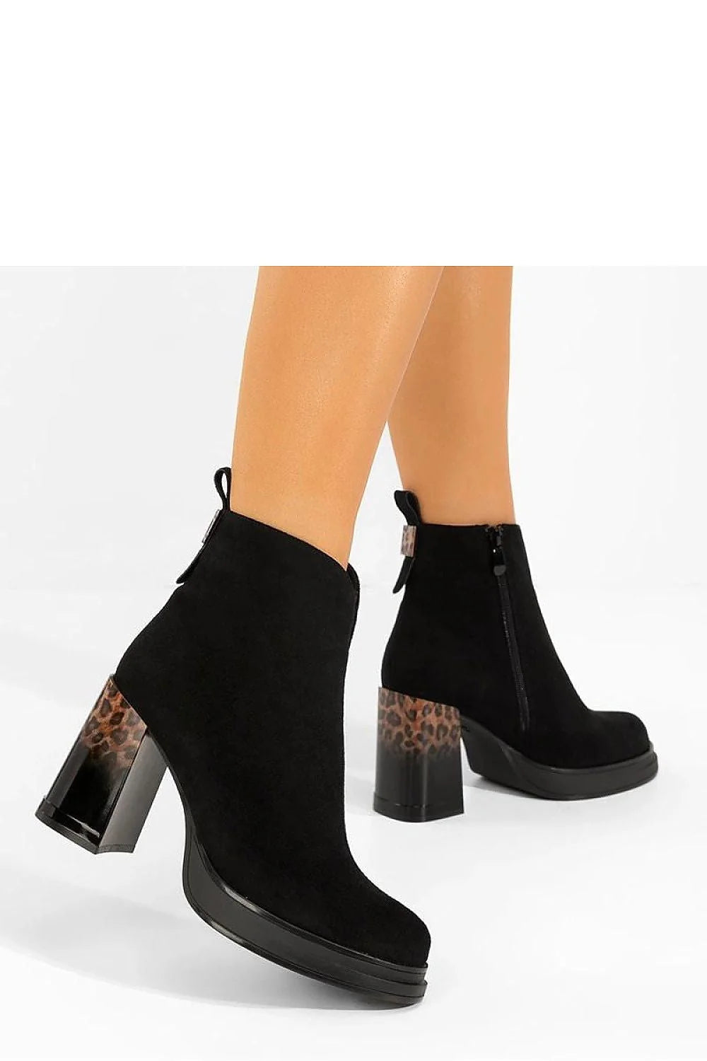bottines femme talon bloc suédine noires bout rond plateforme carré transparent imprimé léopard fermeture éclair latérale patte arrière confortables durables