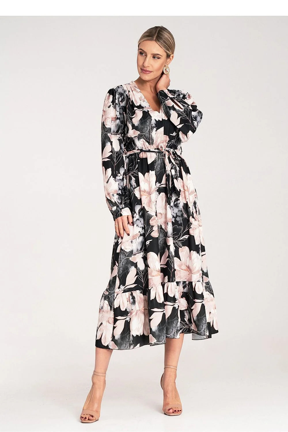 Robe de jour élégante avec motif floral V-neck manches longues taille ajustable pour femme