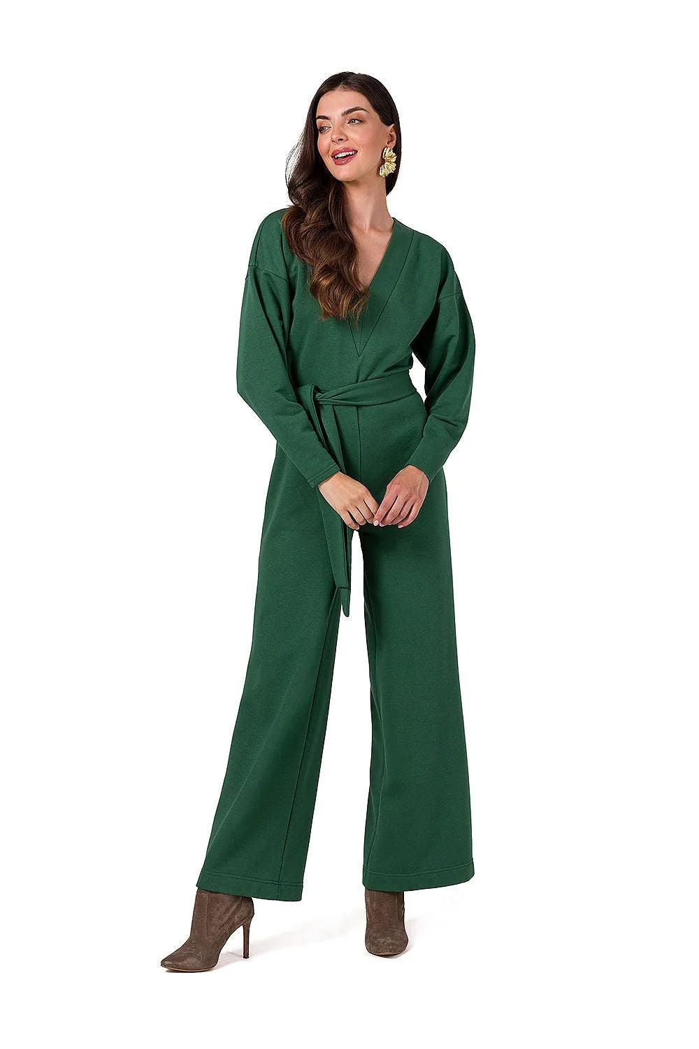 Combinaison Be Wear femme moderne élégante design épuré vert maille douce ceinture ajustable manches longues jambes larges occasion多种