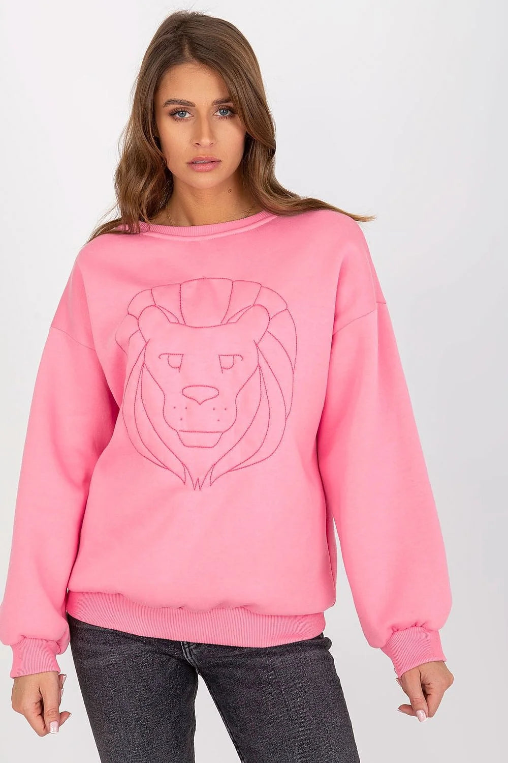 Sweatshirt pour femme moderne couleur orange vif coupe ample manches longues broderie lion coton polyester 70/30