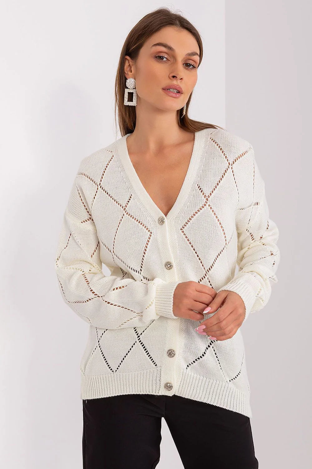 Cardigan Rue Paris pour femme en tricot léger, style élégant, encolure en V, manches longues, boutons contrastants, idéal pour les occasions décontractées ou semi-formelles