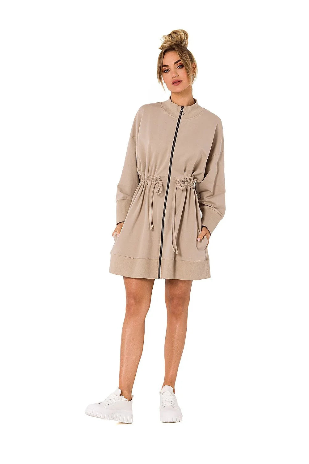 robe veston moderne décontractée sportive coupe fluide cordon taille manches longues col montant coton poches plaquées fermeture éclair vert vif