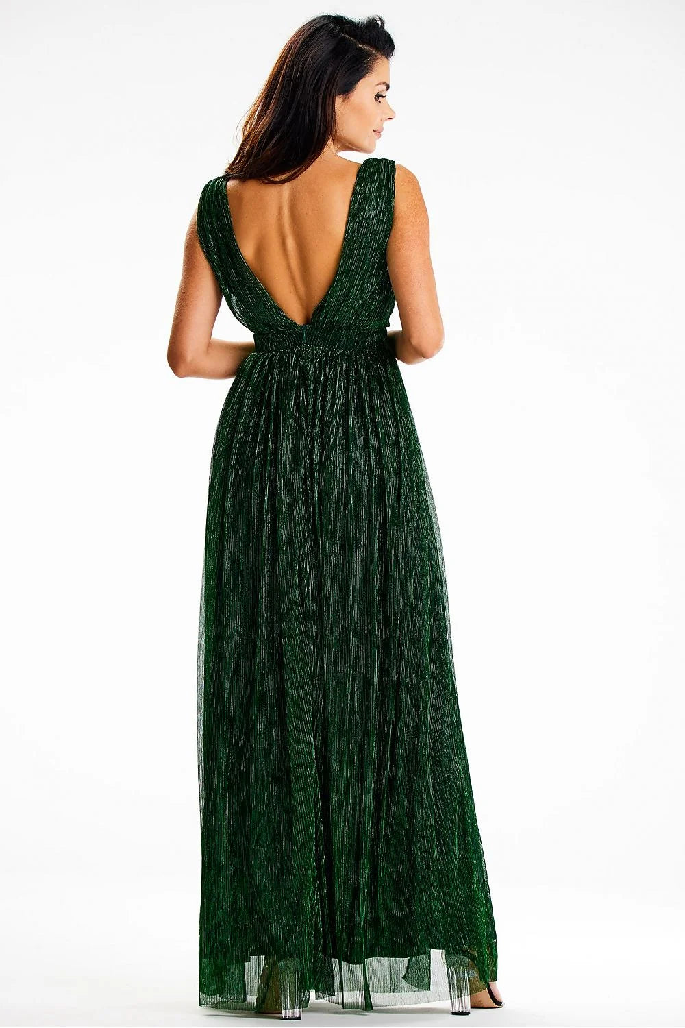 Robe longue élégante pour soirée couleur verte fente haute sans manches col V profond maille brillante femme
