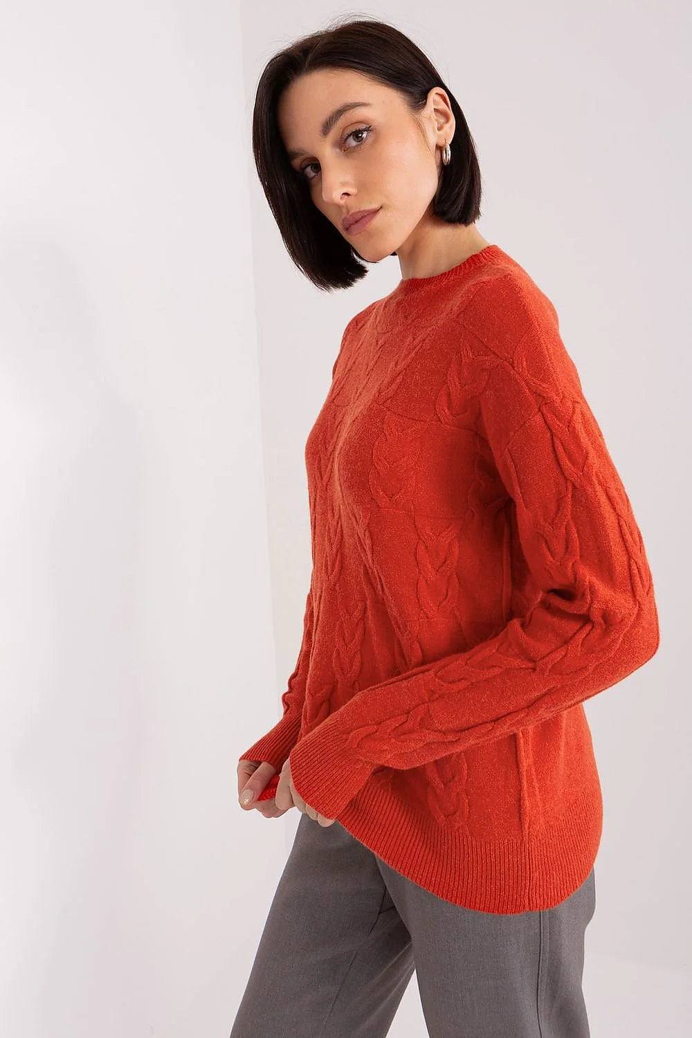 Pull pour femme en viscose nylon PBT motif torsadé orange vif manches longues col rond côtelé coupe standard occasion quotidienne automne hiver