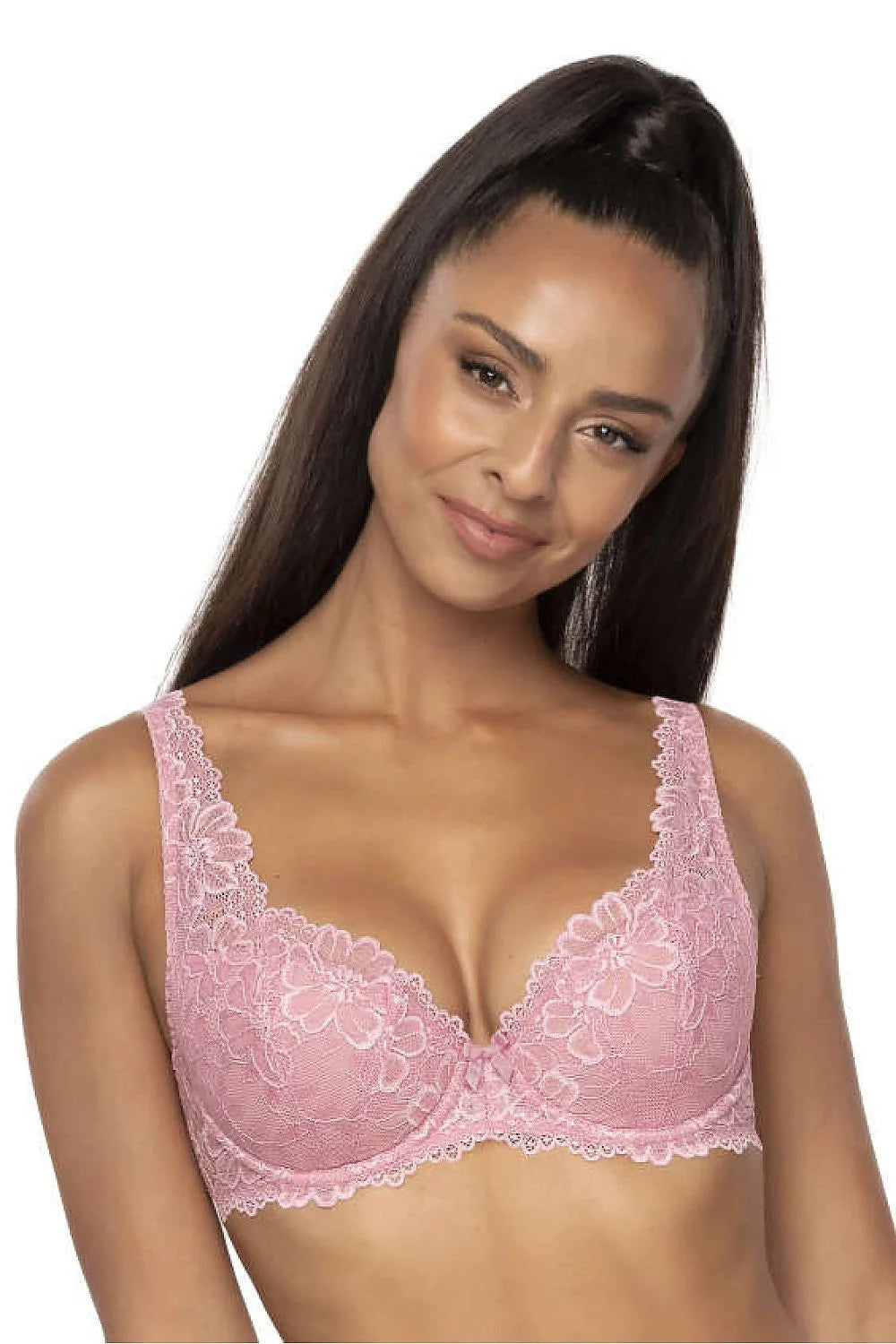 soutiengorge rembourré mat balconnet dentelle rose floral festonné coques légères armatures maintien bretelles réglables dos troispositions noeud discret féminine confortable