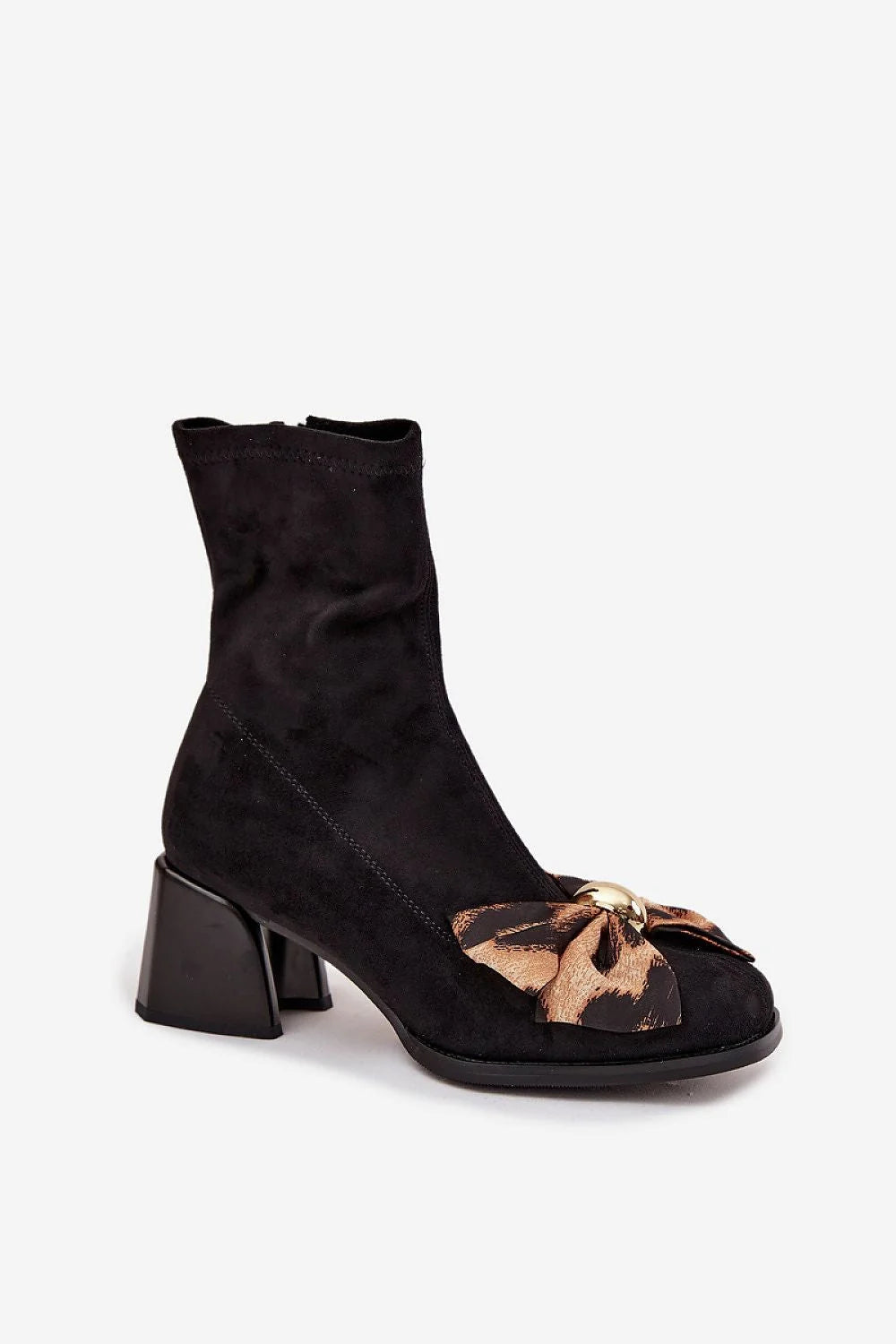 bottines femme suédé écologique souple talon bloc stable confort noeud décoratif doré anneau zip latéral empeigne stretch bout arrondi chic
