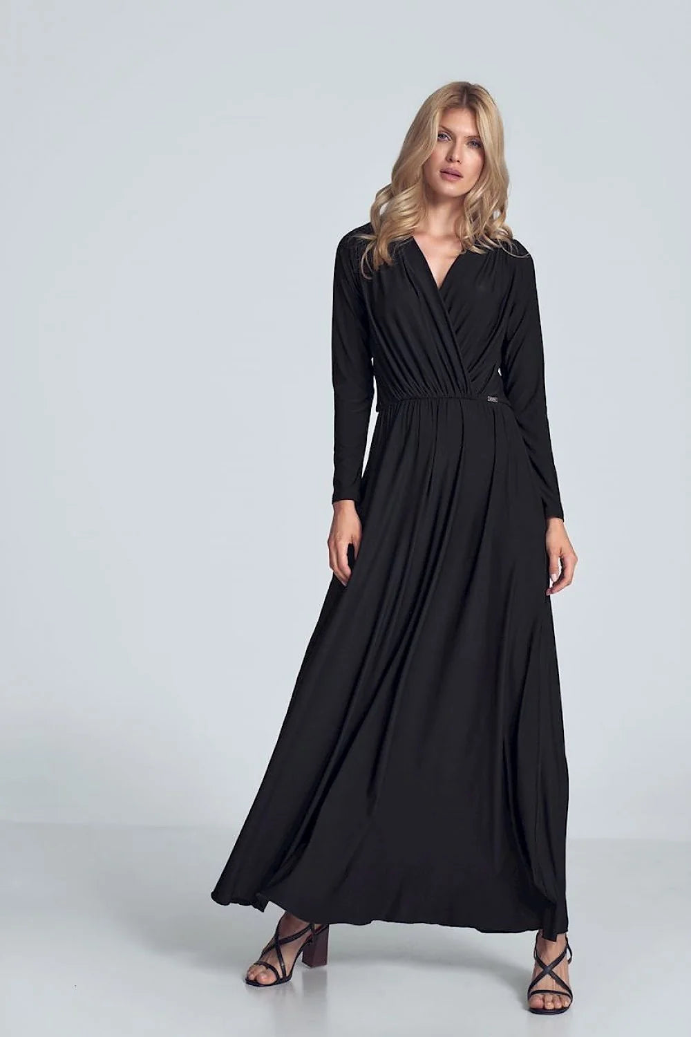 Robe longue jersey élégante manches longues col V croisé camel femme silhouette chic et confortable