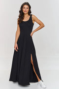 Robe de jour Makadamia noire longue sans manches décolleté rond taille ajustable femme éлегance confort été printemps