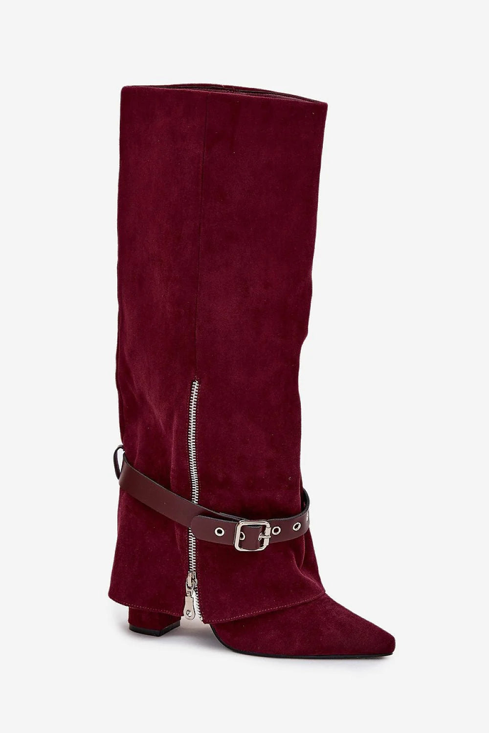 bottes femme genou cuir suédé bordeaux bout pointu talon colonne hauteur39cm bride boucle réglable zip latéral western élégant