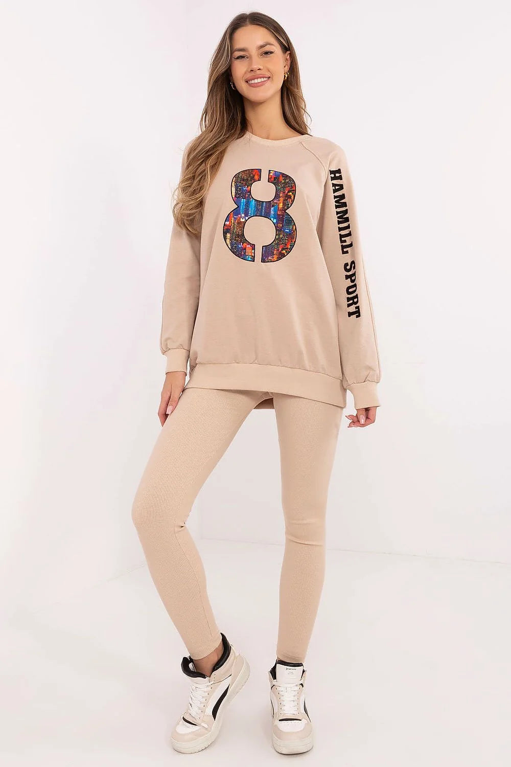 Ensemble sportif femme sweatshirt raglan leggings beige multicolore HAMMILL SPORT style casual élégance日常 confort idéal