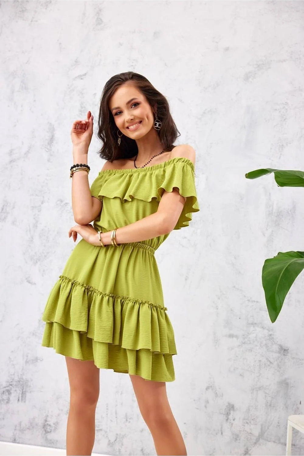 Robe de jour Roco Fashion épaules ouvertes volants vert olive coton viscose taille ajustable femmes été décontracté