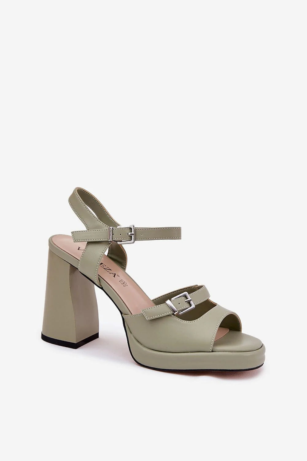 sandales femmes talon block cuir imitation vert sauge peeptoe plateforme compensée carré double bride réglables semelle rembourrée confortable élégantes