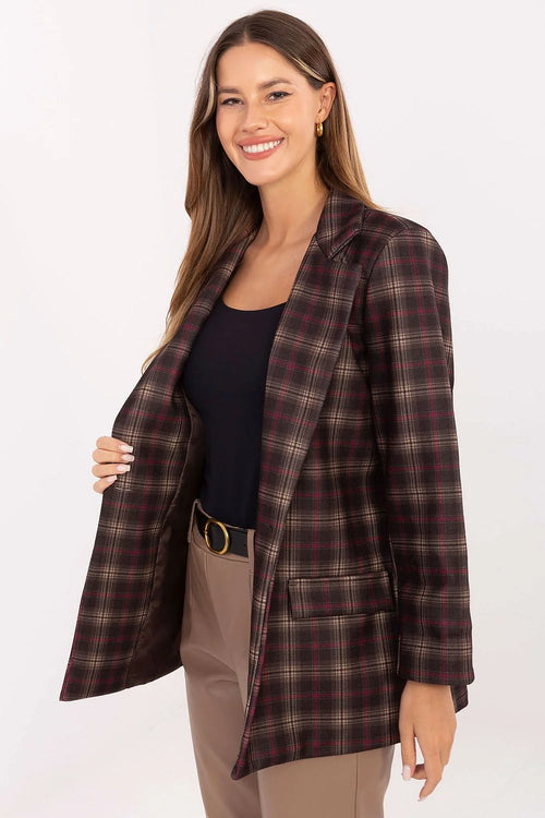blazer femme carreaux tartan bordeaux marron beige coupe droite col tailleur manches longues doublée viscose polyester épaulettes structurée poches plaquées