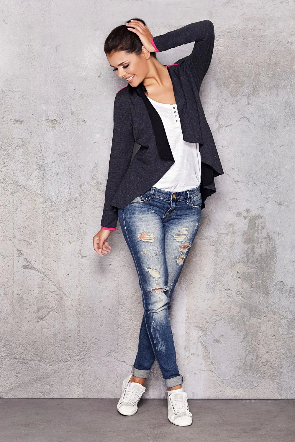 Gilet gris coton décontracté asymétrique élégant urbain avec bordures vert fluo pour femme moderne