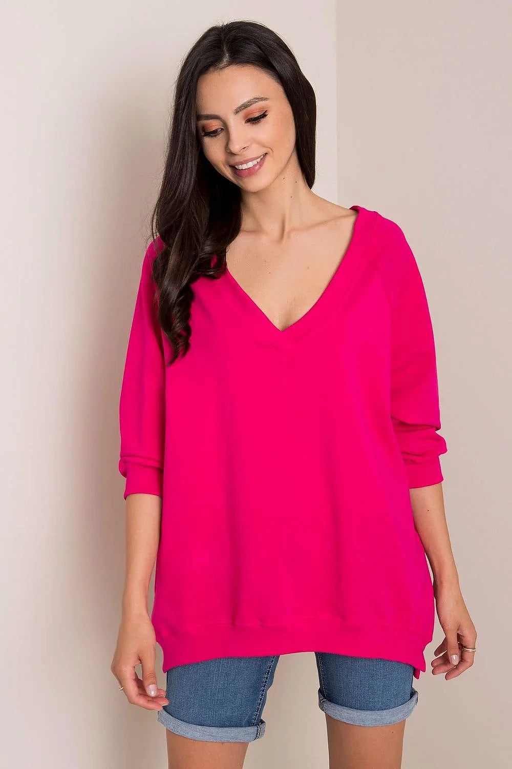 Sweatshirt Rue Paris ample manches longues encolure V couleur brun terre cuite doux respirant féminin