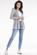 cardigan femme ouvert ample col châle maille côtelée gris chiné mi longue manches longues léger doux fluide ceinture assortie ajustée
