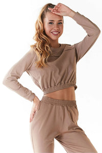 Ensemble survêtement femme coton élasthanne style décontracté élégant confortable poches latérales taille haute taupe