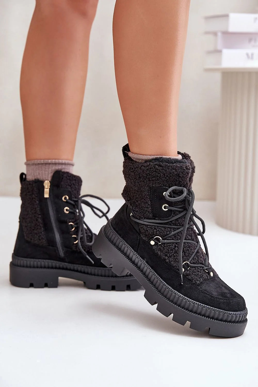 Bottines pour femmes fourrure daim haute saison froide élégance confortable zipper intérieur doublure chaude