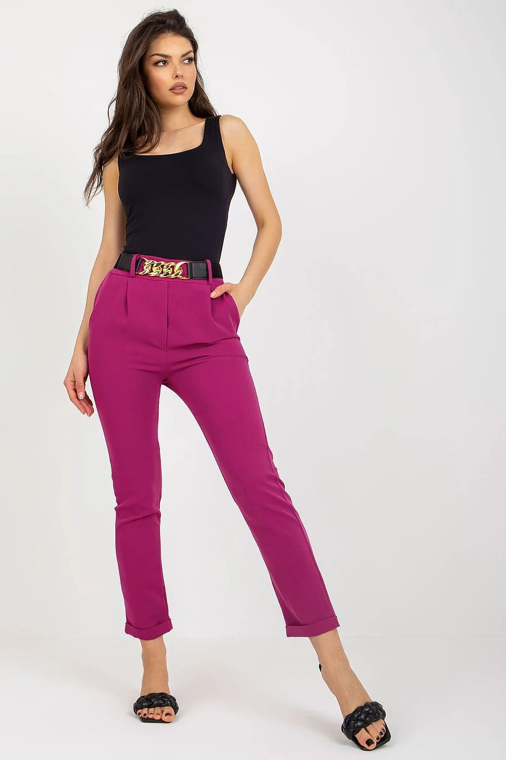 Pantalon femme Italy Moda couleur fuchsia taille haute coupe slim polyester 5% élasthanne pantalon élégant pour soirée travail