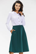 Jupe midi évasée élégante couleur verte émeraude高 waist poches polyester mode femme occasionnels formels