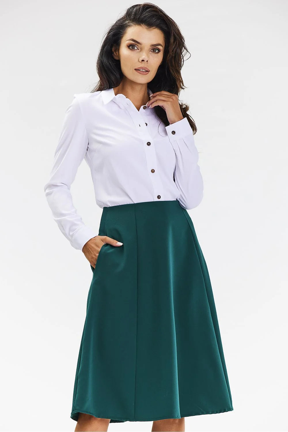 Jupe midi évasée élégante couleur verte émeraude高 waist poches polyester mode femme occasionnels formels